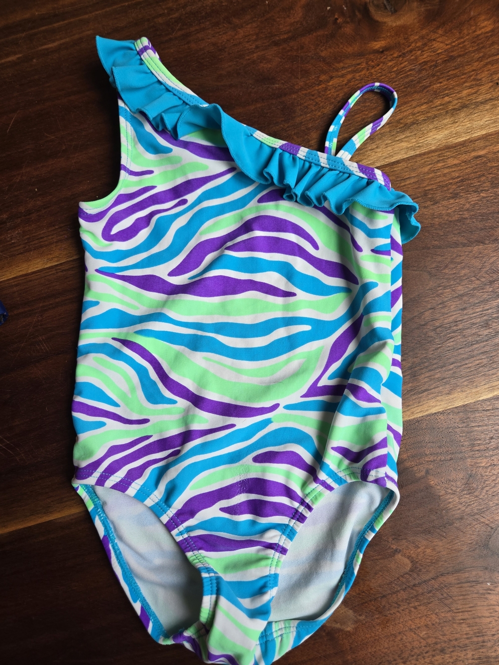 Place Girls One-Shoulder Ruffle Swimsuit in Aqua, Purple & Lime